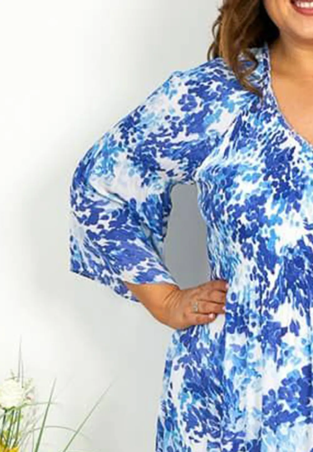 Mixed Blue Print V Neck Pleat Dress