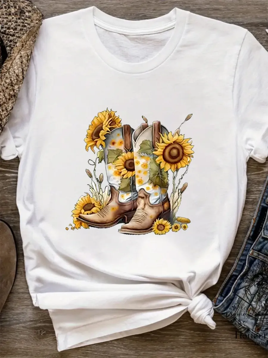 Retro Countryside Western Sunflower Cowboy Boots T-shirt