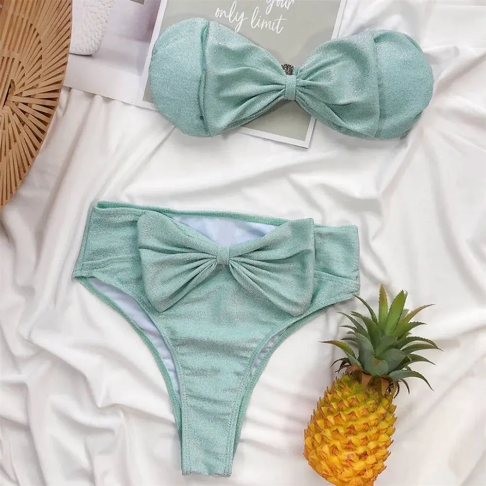 Luna Glitter Bowknot Decor Strapless Bikini Set