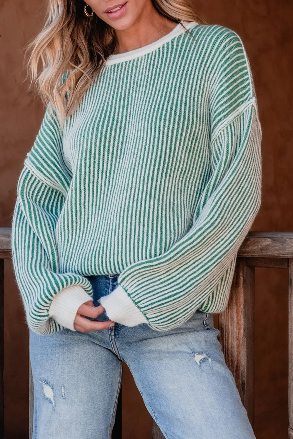 Green Striped Seam Detail Sweater