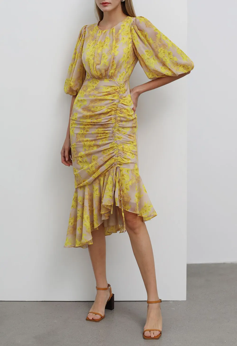 YELLOW BLOSSOM DRAWSTRING ASYMMETRIC RUFFLE MIDI DRESS