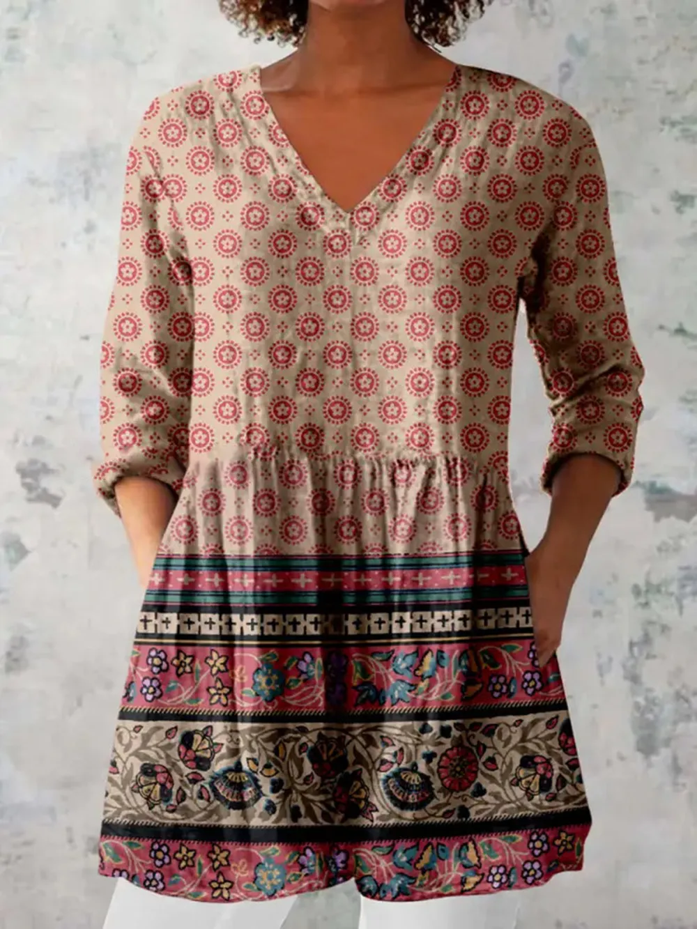 Elegant Boho Floral Print V-Neck Pattern Vintage Loose Long Sleeve Top
