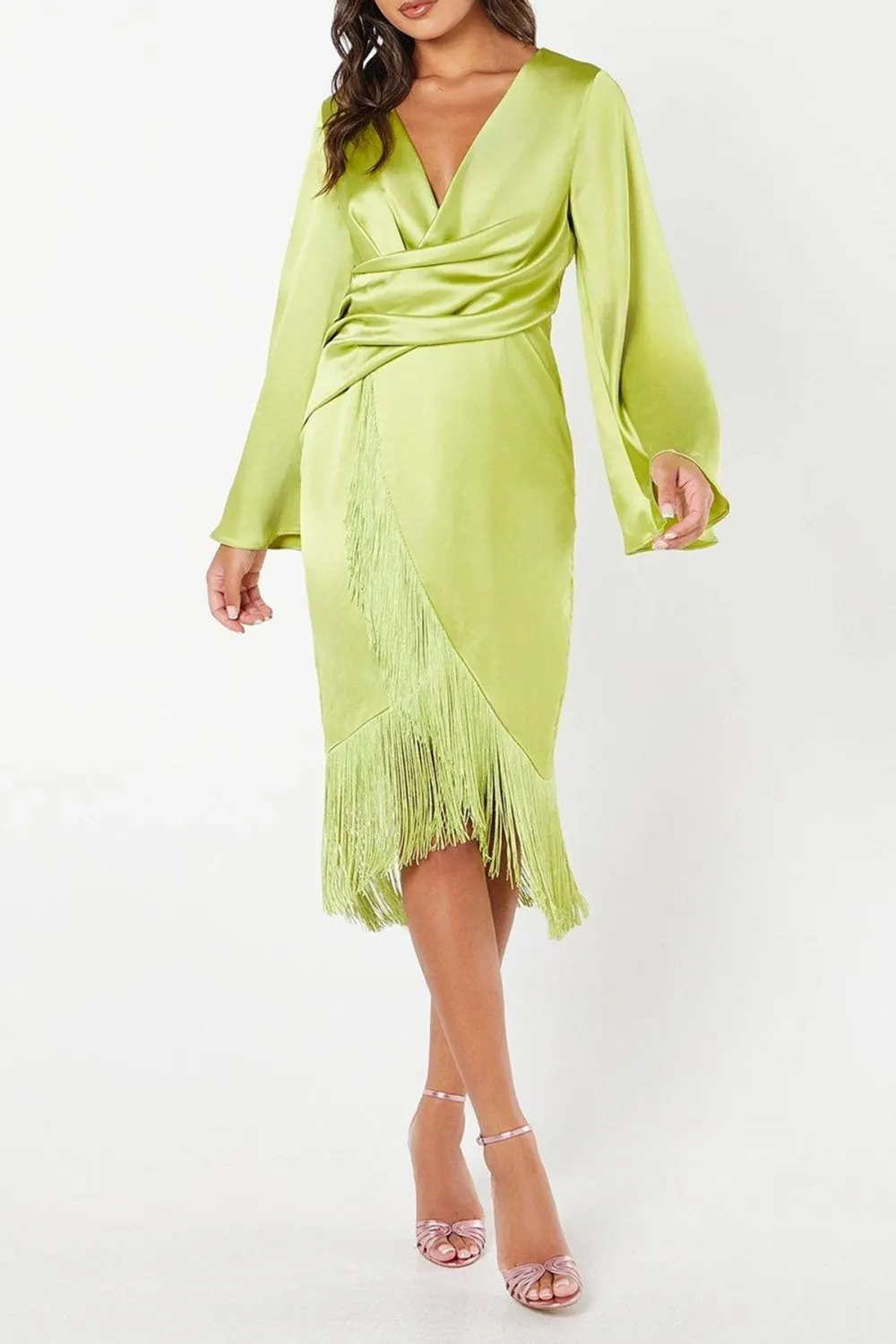 Satin Fringe Hem Wrap Waist Midi Dress