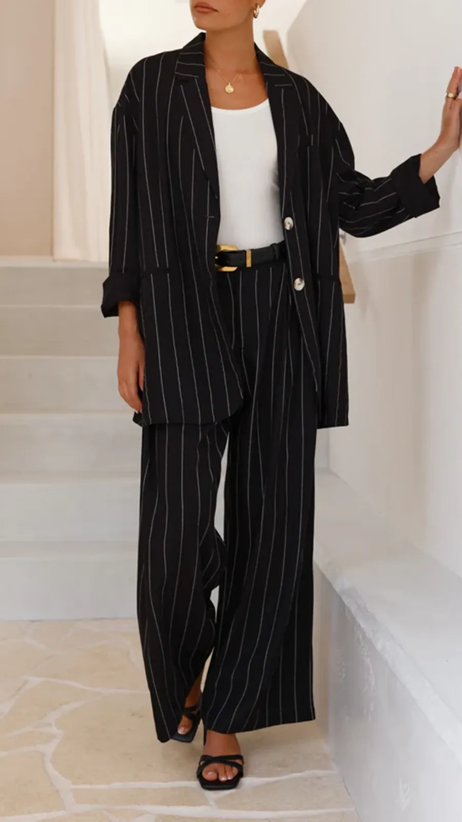 Thea Blazer - Black Pinstripe