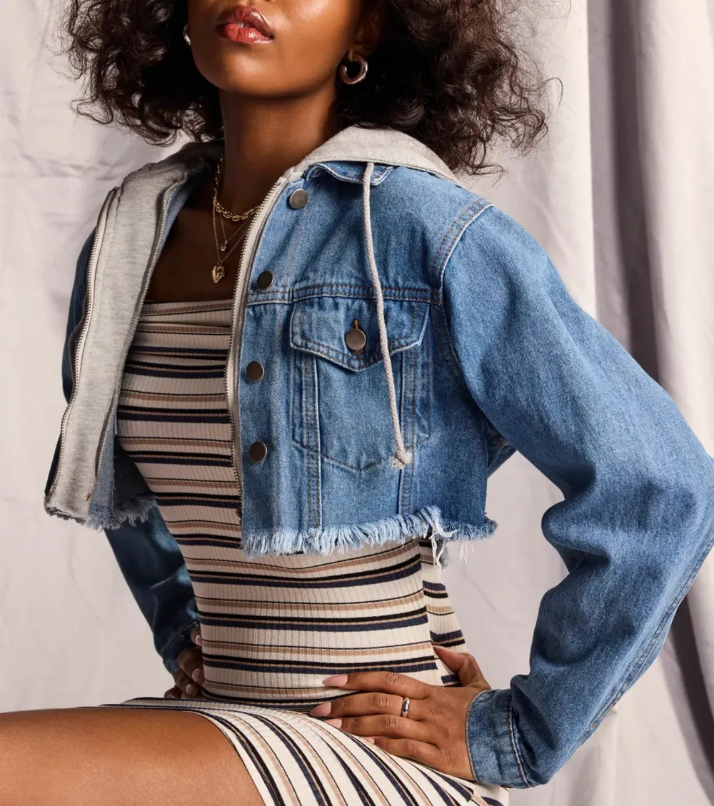 The Next Level Cropped Fleece Denim Jacket