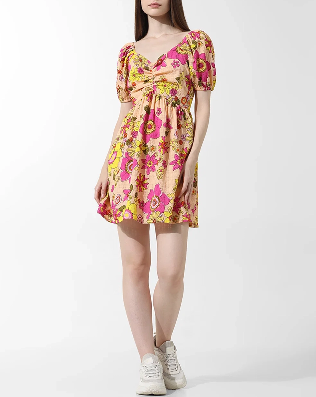 Peach Floral Print Puff Sleeves Dress