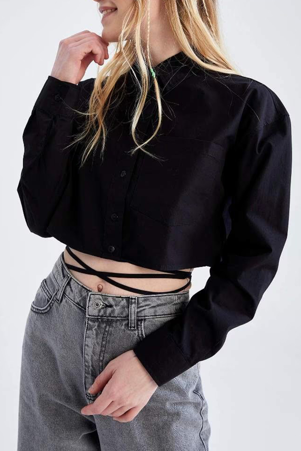 Coool Oversize Fit Tie Waist Detailed Crop Shirt