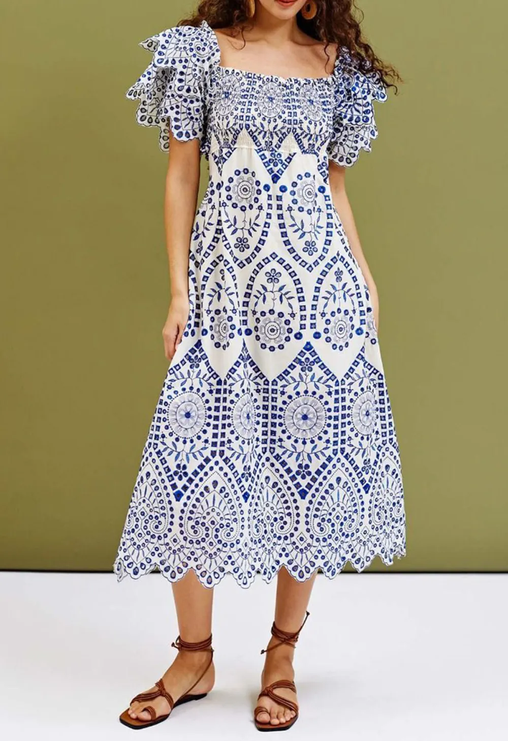 BLUE EMBROIDERY RUFFLE SLEEVE COTTON DRESS