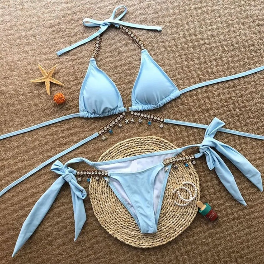 Crystal Rhinestone Detail Triangle Tie Side Halter Bikini