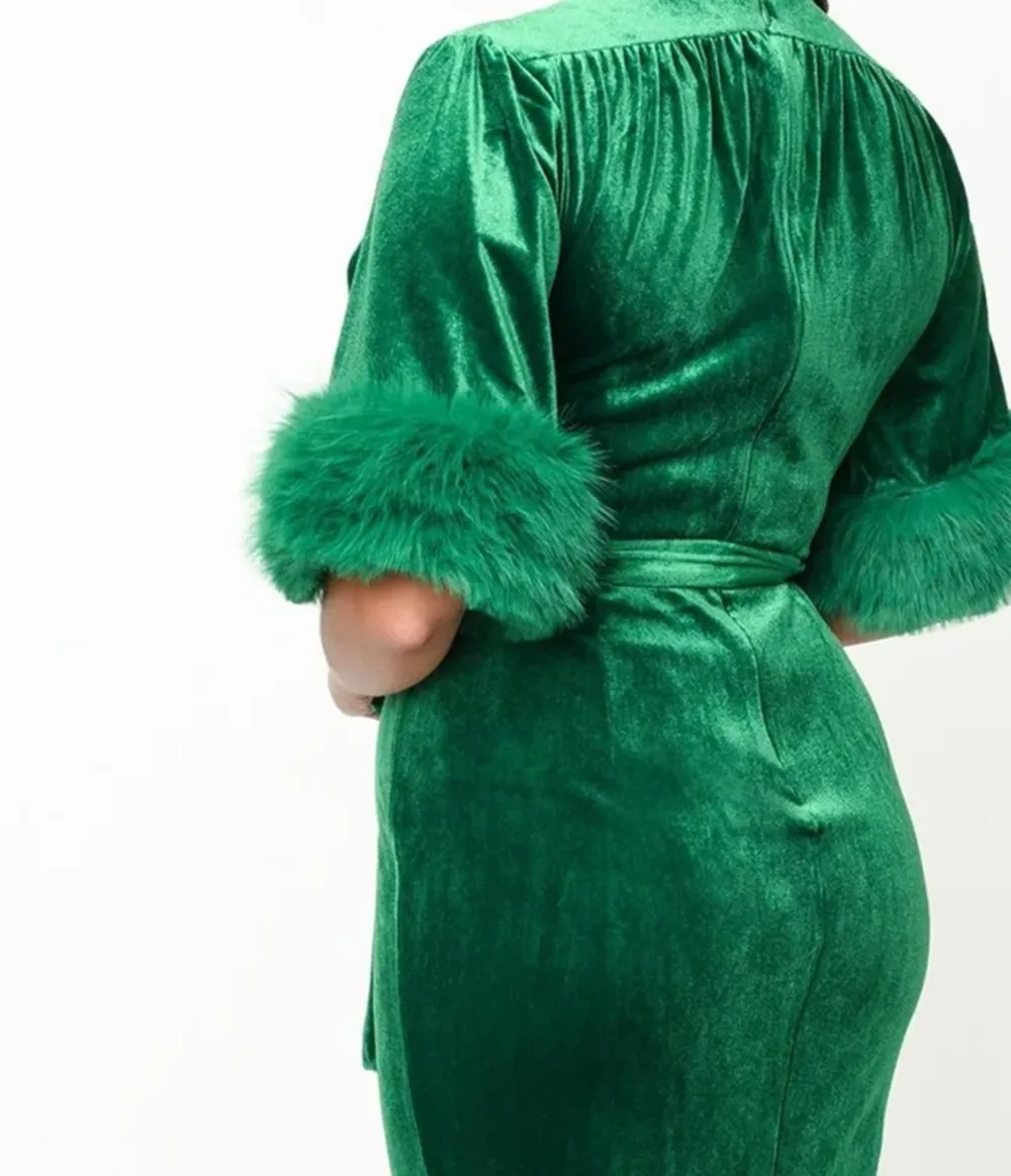 1940s Green Velvet Fifth Avenue Wrap Wiggle Dress