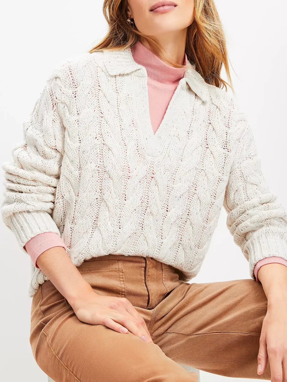 Flecked Collared Split Neck Cable Sweater