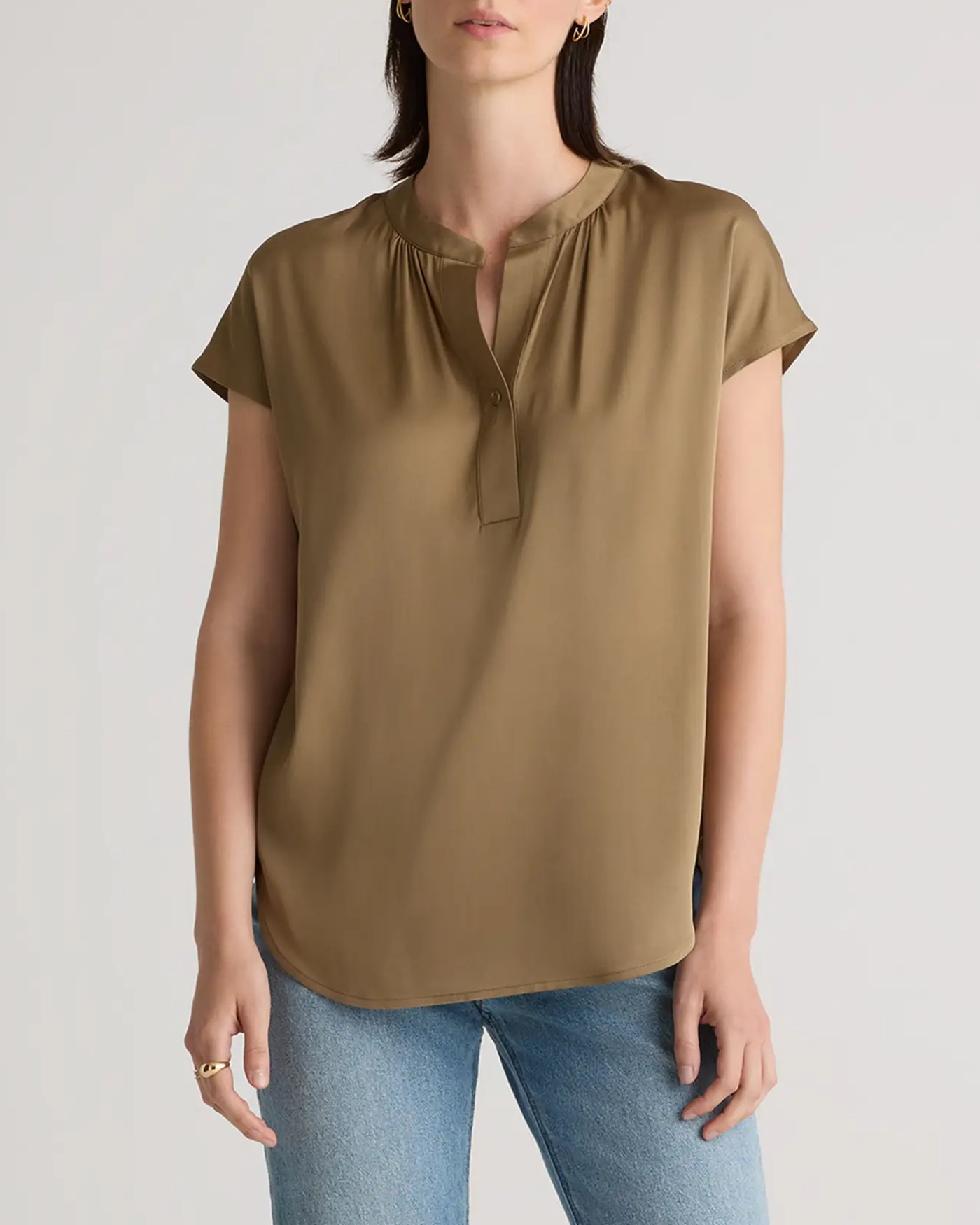 Short Sleeve Washable Stretch Silk Dolman Sleeve Blouse