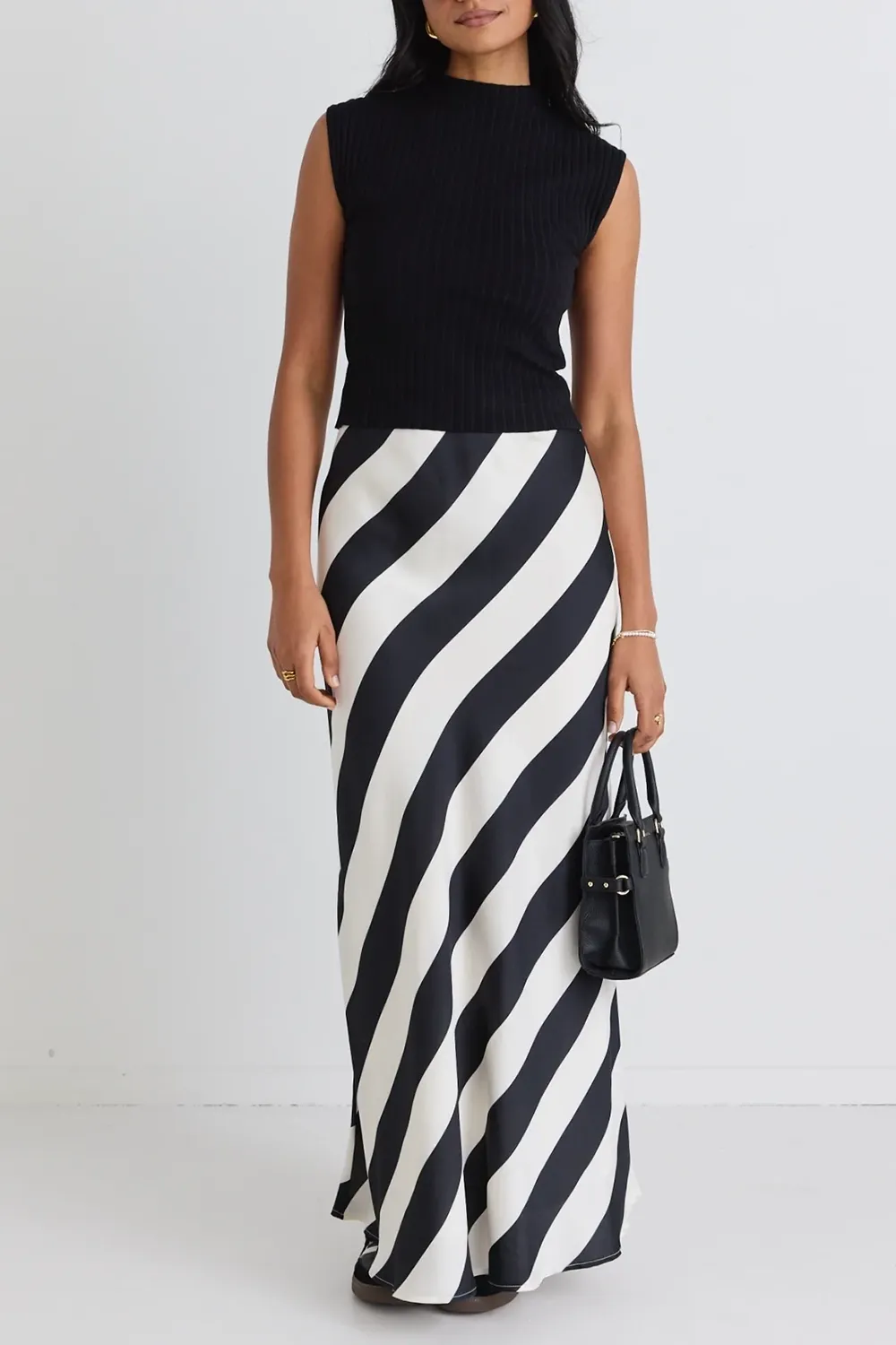 Fiery Black Stripe Satin Bias Maxi Skirt