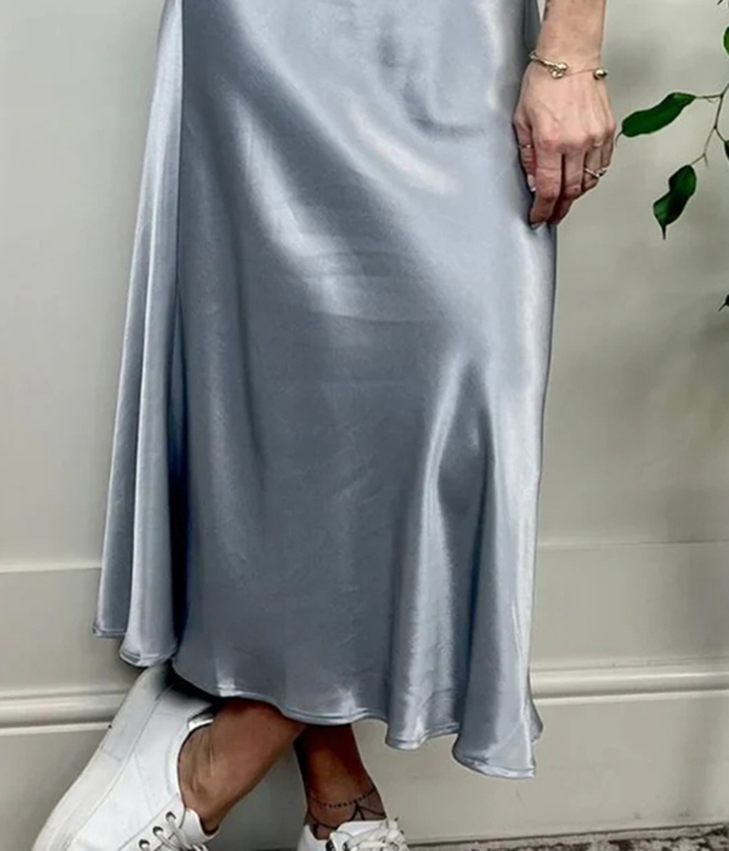 Silver Satin Midi Slip Skirt