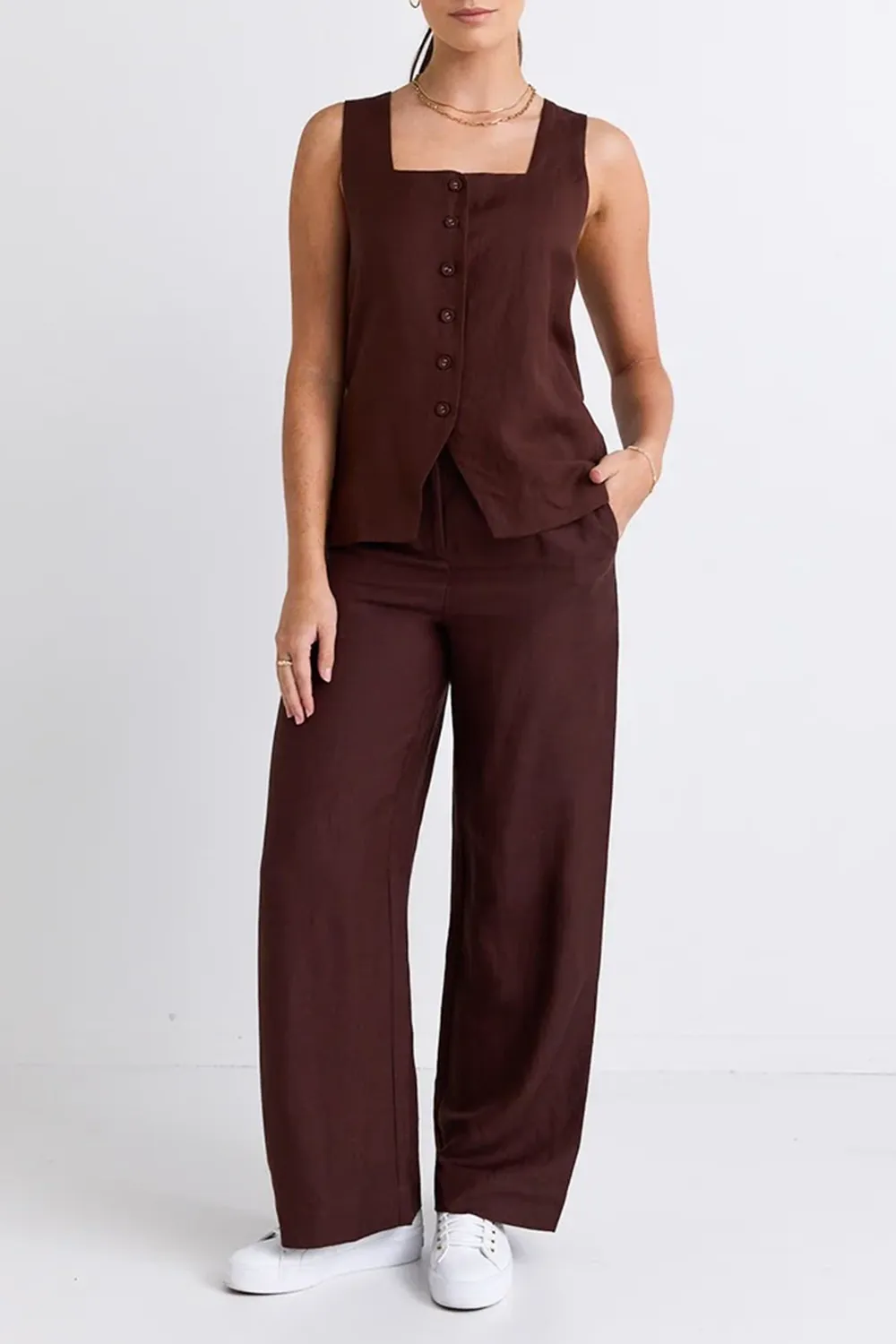 Island Chocolate Linen Pleat Front Wide Leg Pant