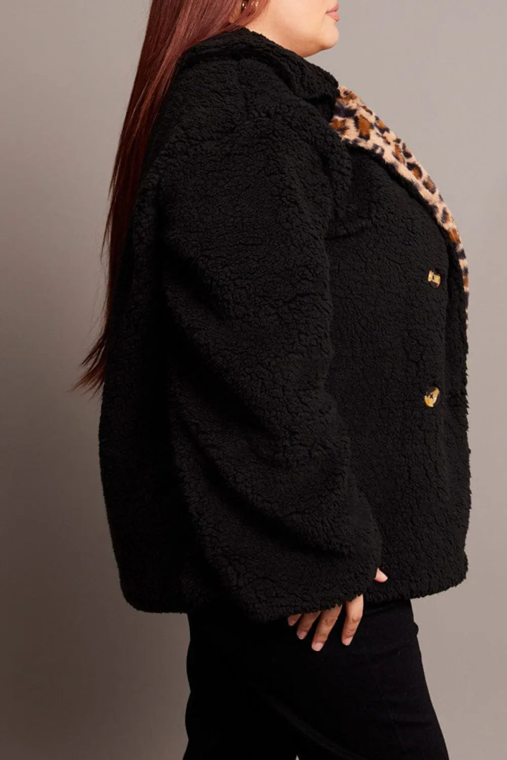 Black Teddy Jacket Long Sleeve Leopard Trim