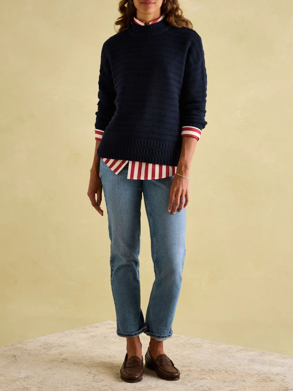 Navy Blue Crew Neck Textured Jumper Contains Merino Wool