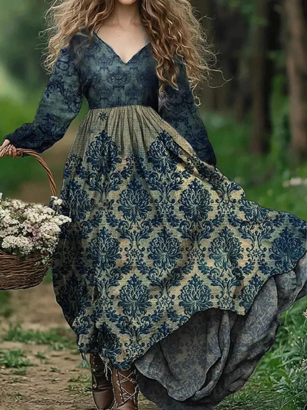 Retro Floral Art Print V-Neck Elegant Chic Loose Long Sleeve Midi Dress