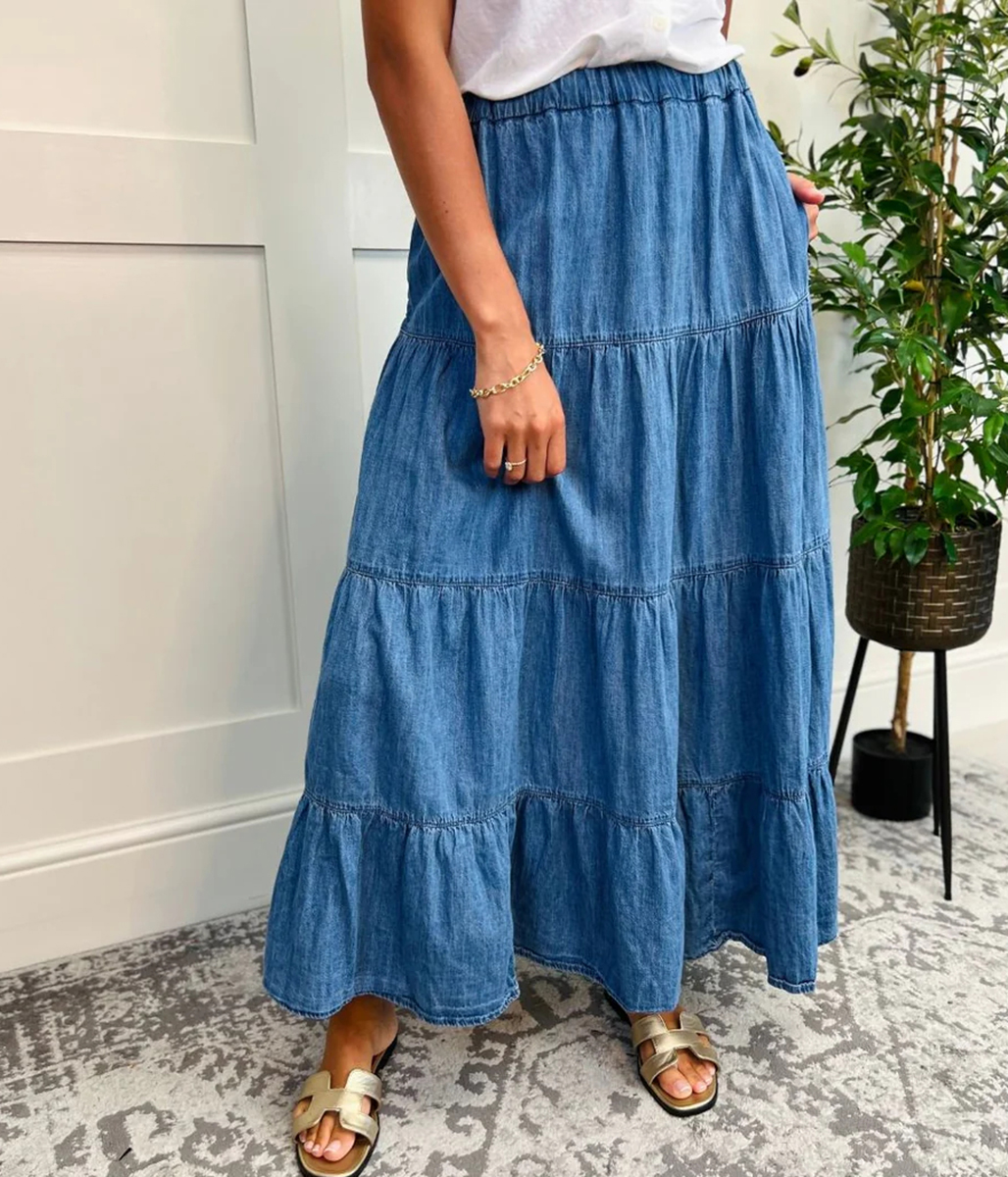 Denim Tiered Midi Skirt