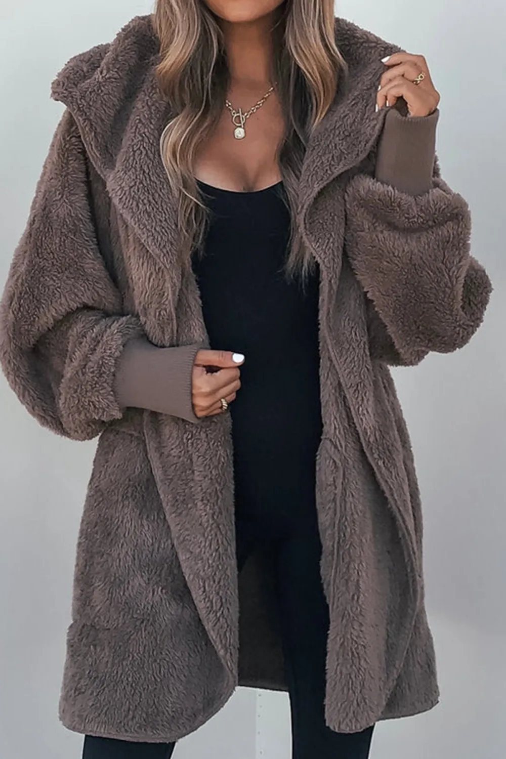 Teddy Fleece Hooded Cardigan - Brown