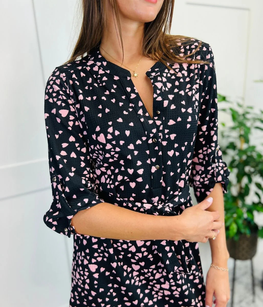 Pink Heart Print Belted Shirt Dress