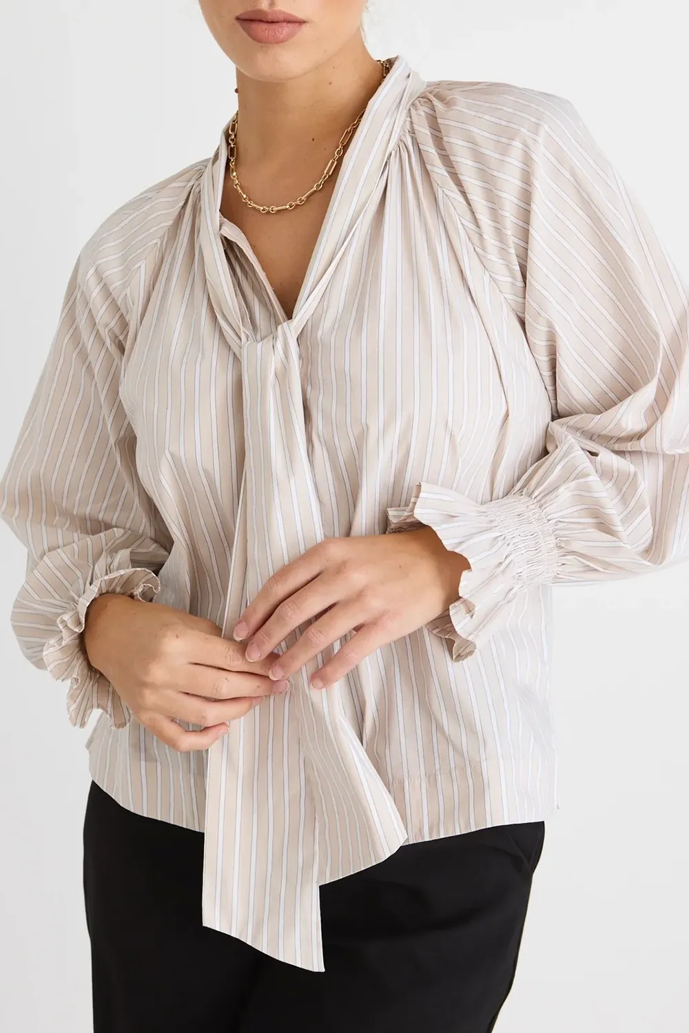 Compassion Ecru Stripe Poplin Tie Front Blouse