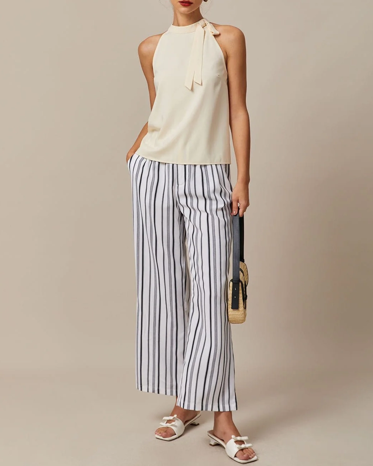 The Black Elastic Waist Striped Button Pants