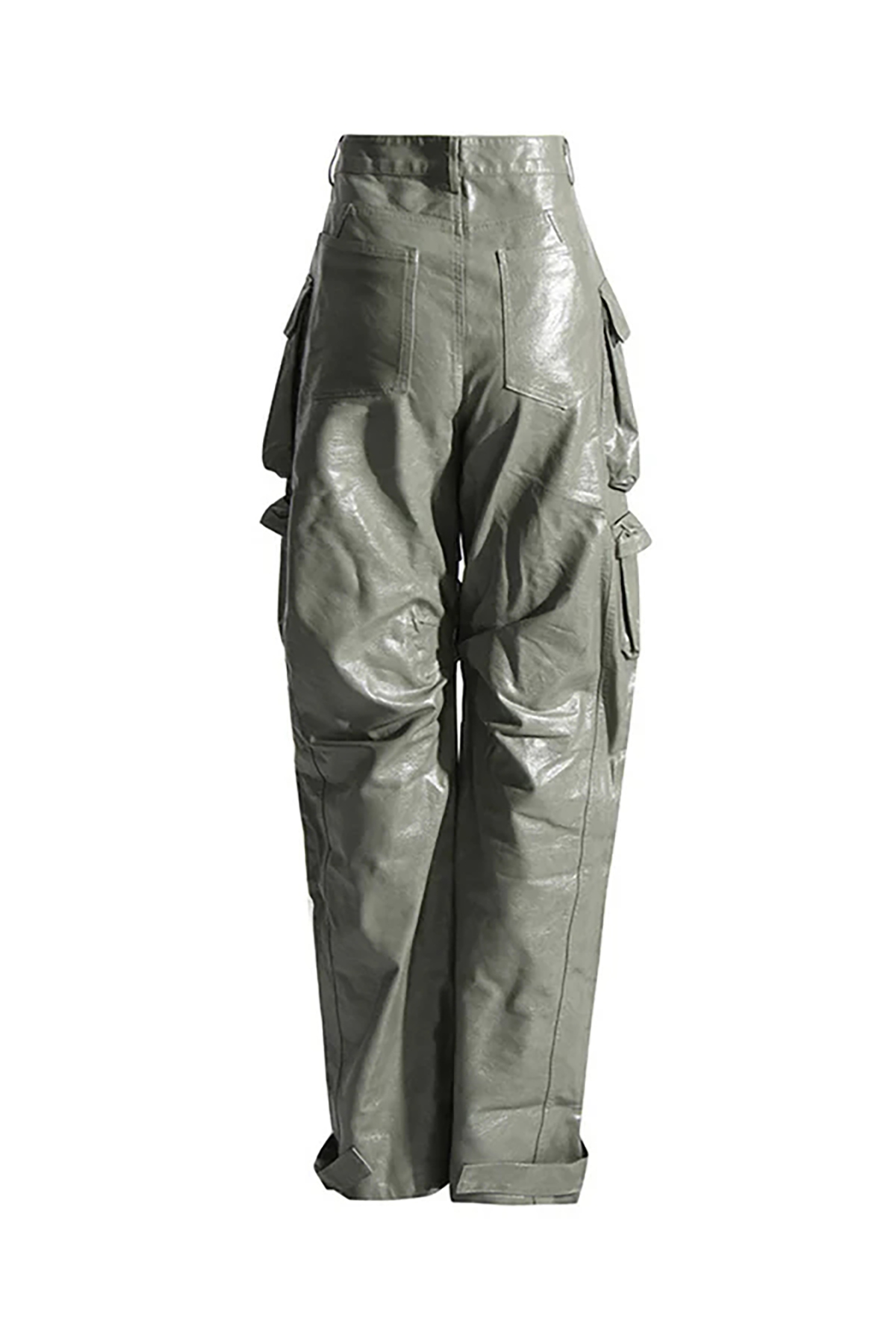 Glossy Mid Rise Wide Leg Cargo Pocket Full Length Draped Leather Pants