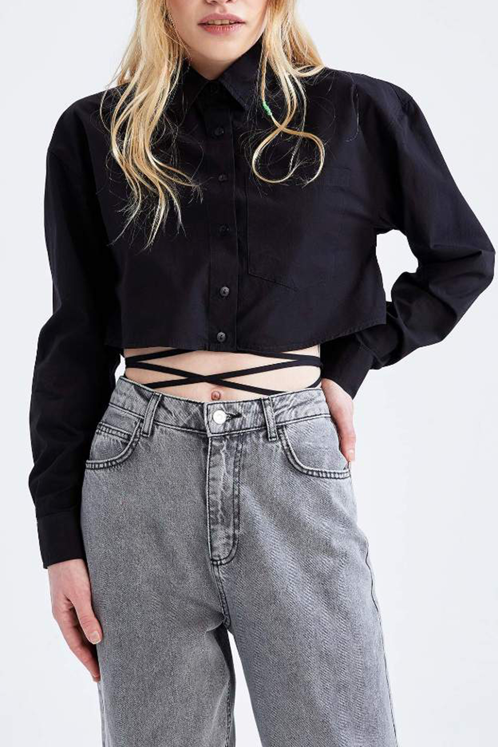 Coool Oversize Fit Tie Waist Detailed Crop Shirt