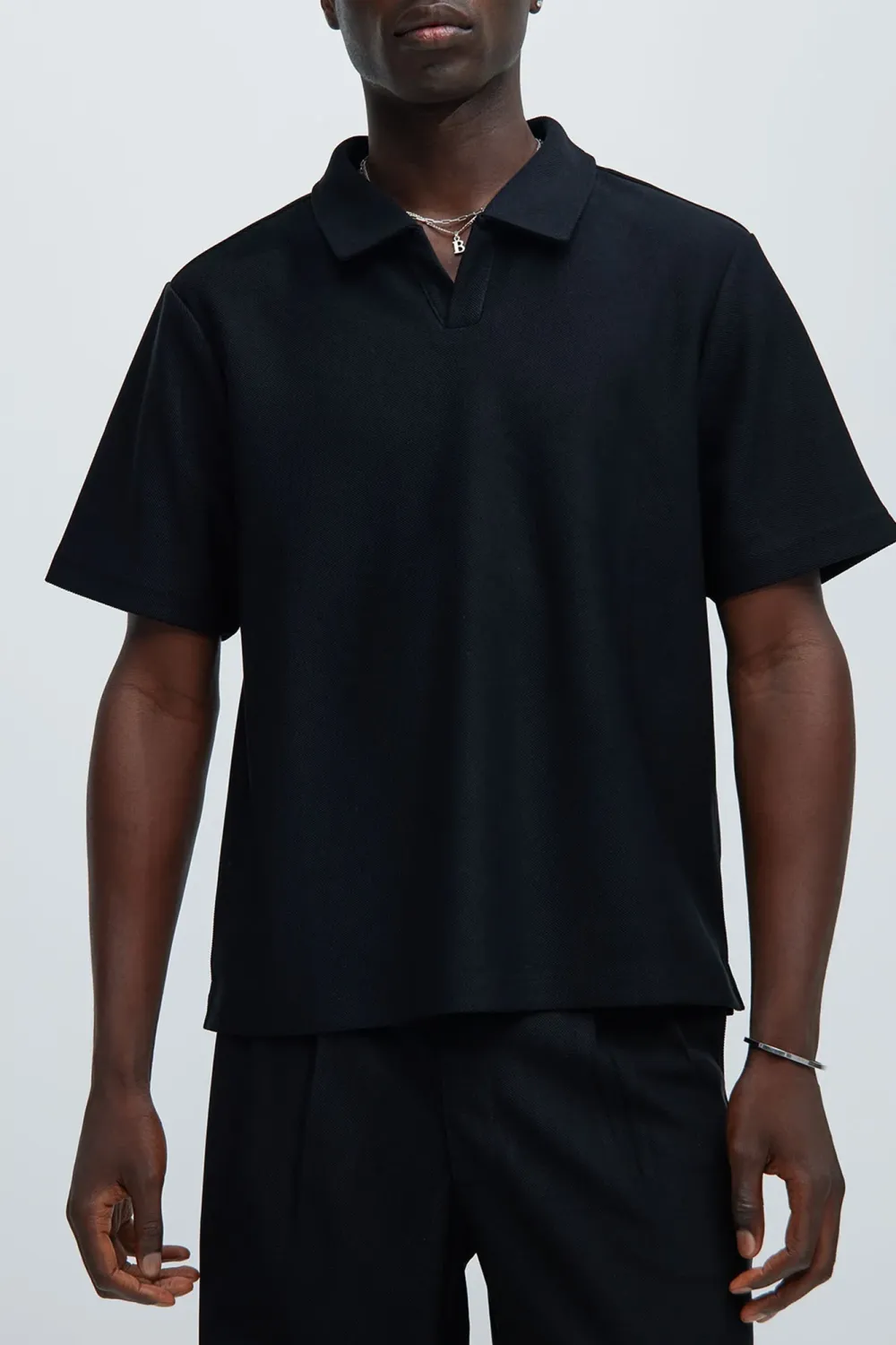 Fold Down Collar Short Sleeve Polo - Black