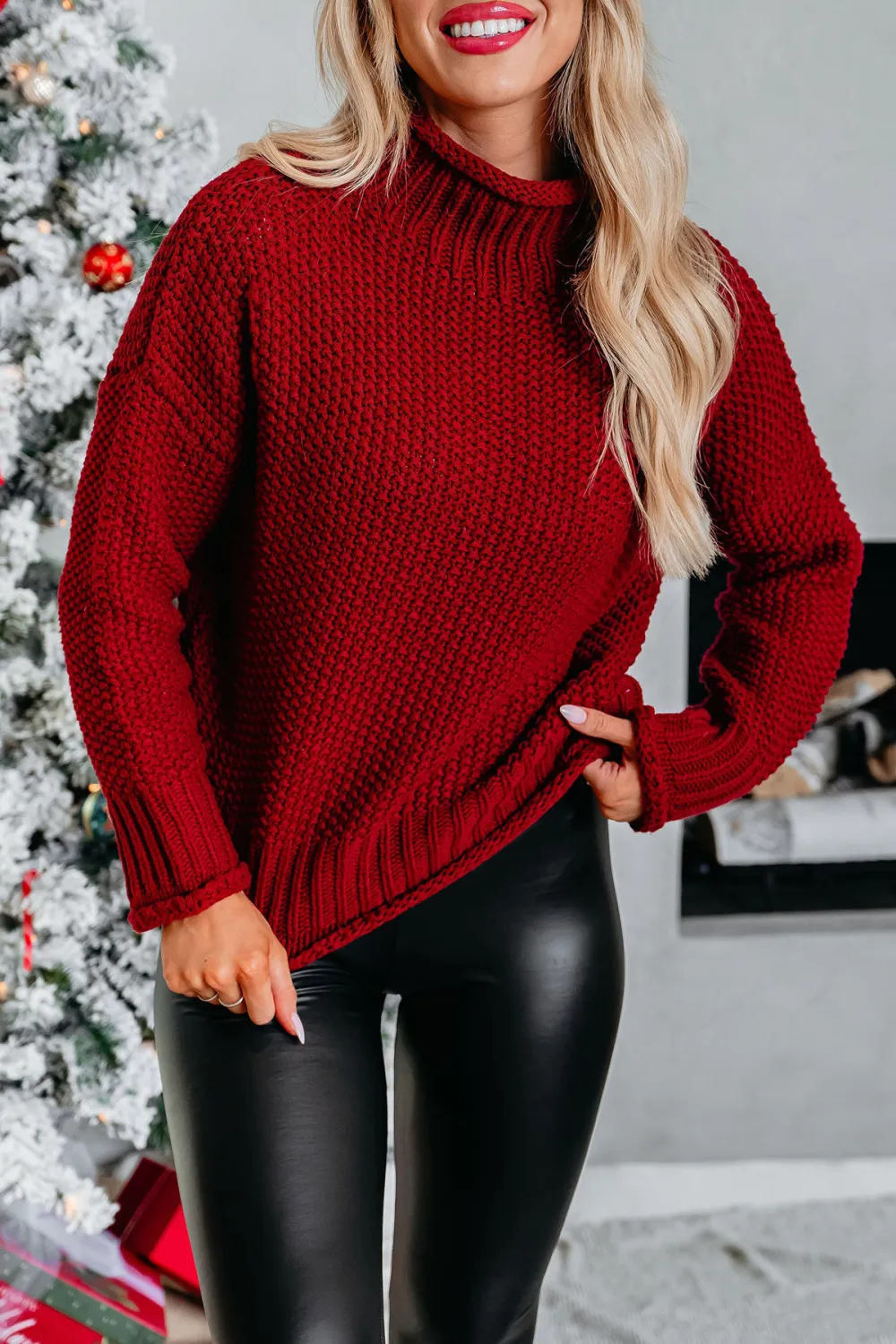 Dark Red Textured Turtleneck Sweater