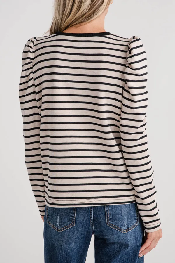 AnnieWear Stripe Puff Sleeve FrenchTerry Top - black/oatmeal