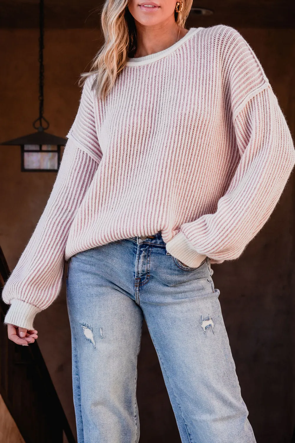 Pink Striped Seam Detail Sweater