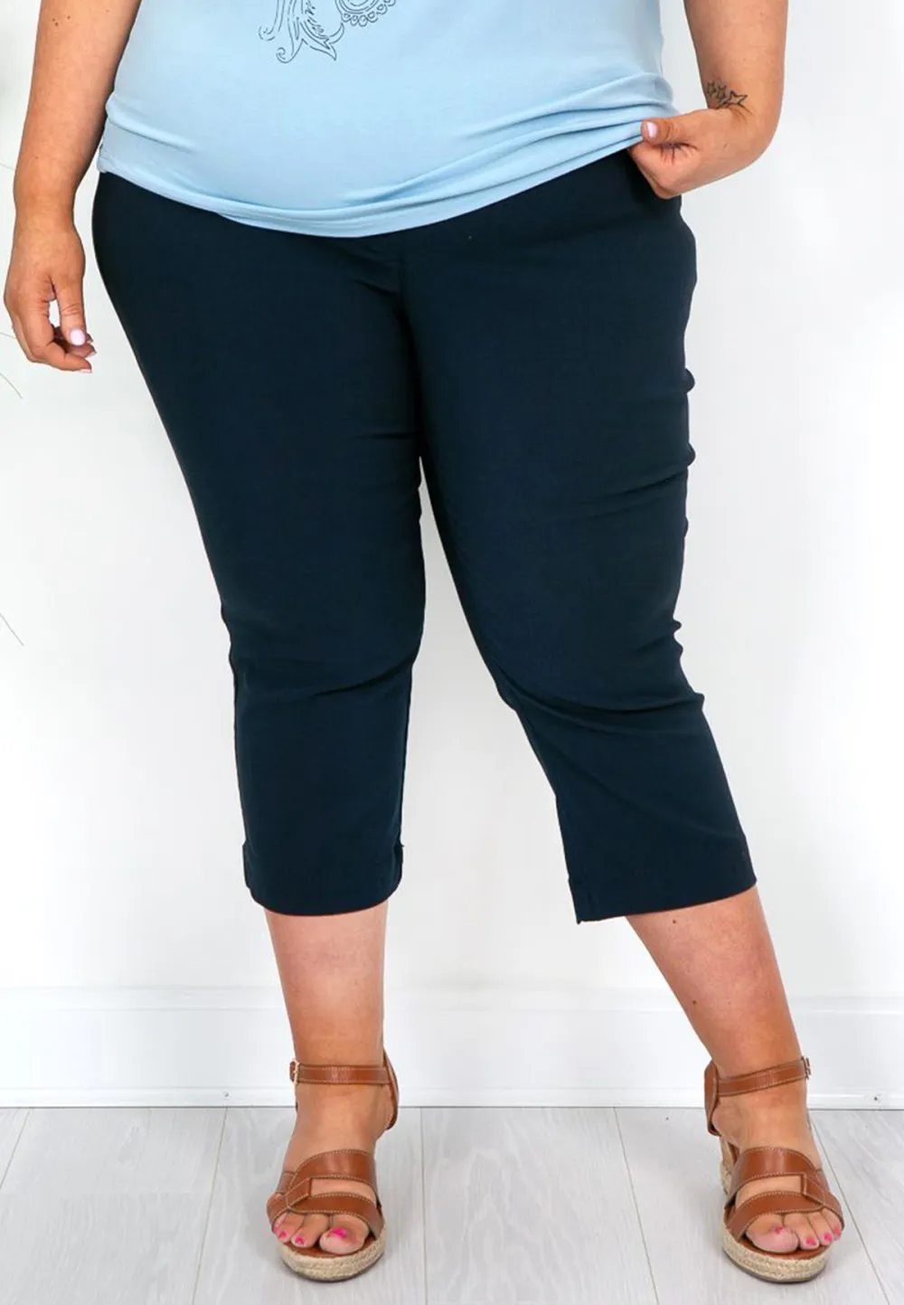 Navy Elasticated Crop Trousers