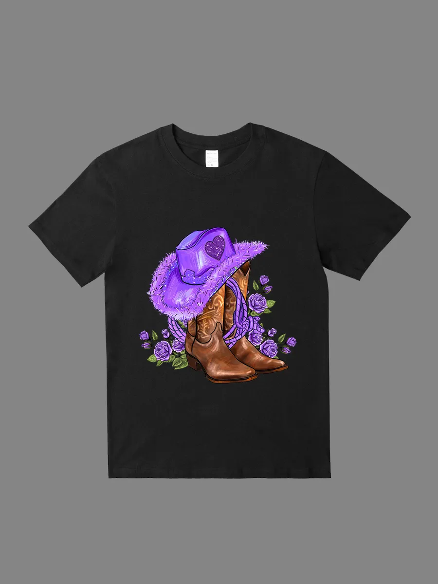 Purple cowgirl hat and roses T-shirt