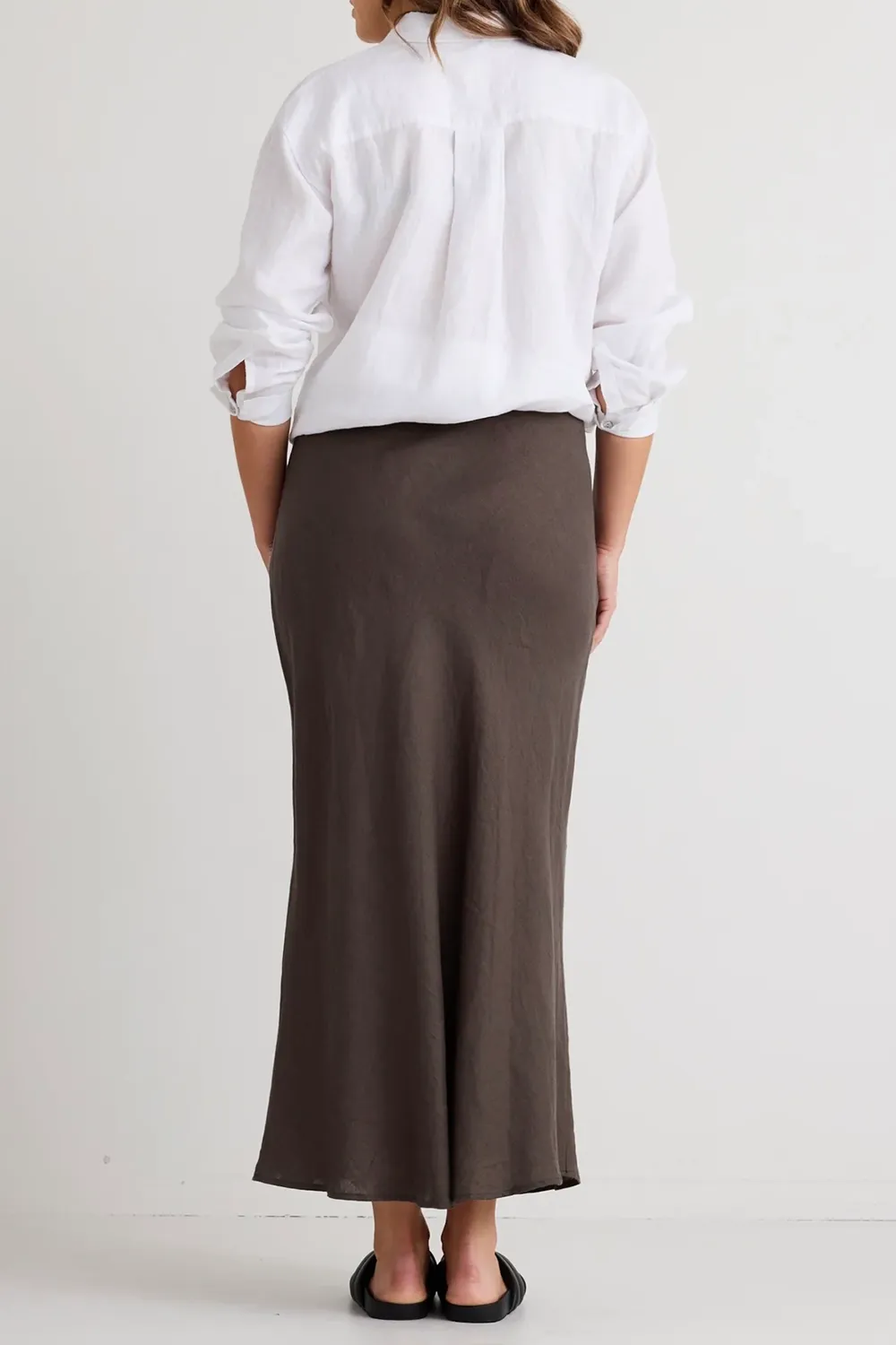 Bliss Dark Olive Linen Bias Midi Skirt