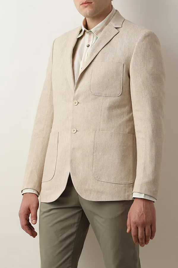 Beige Textured Linen Casual Blazer