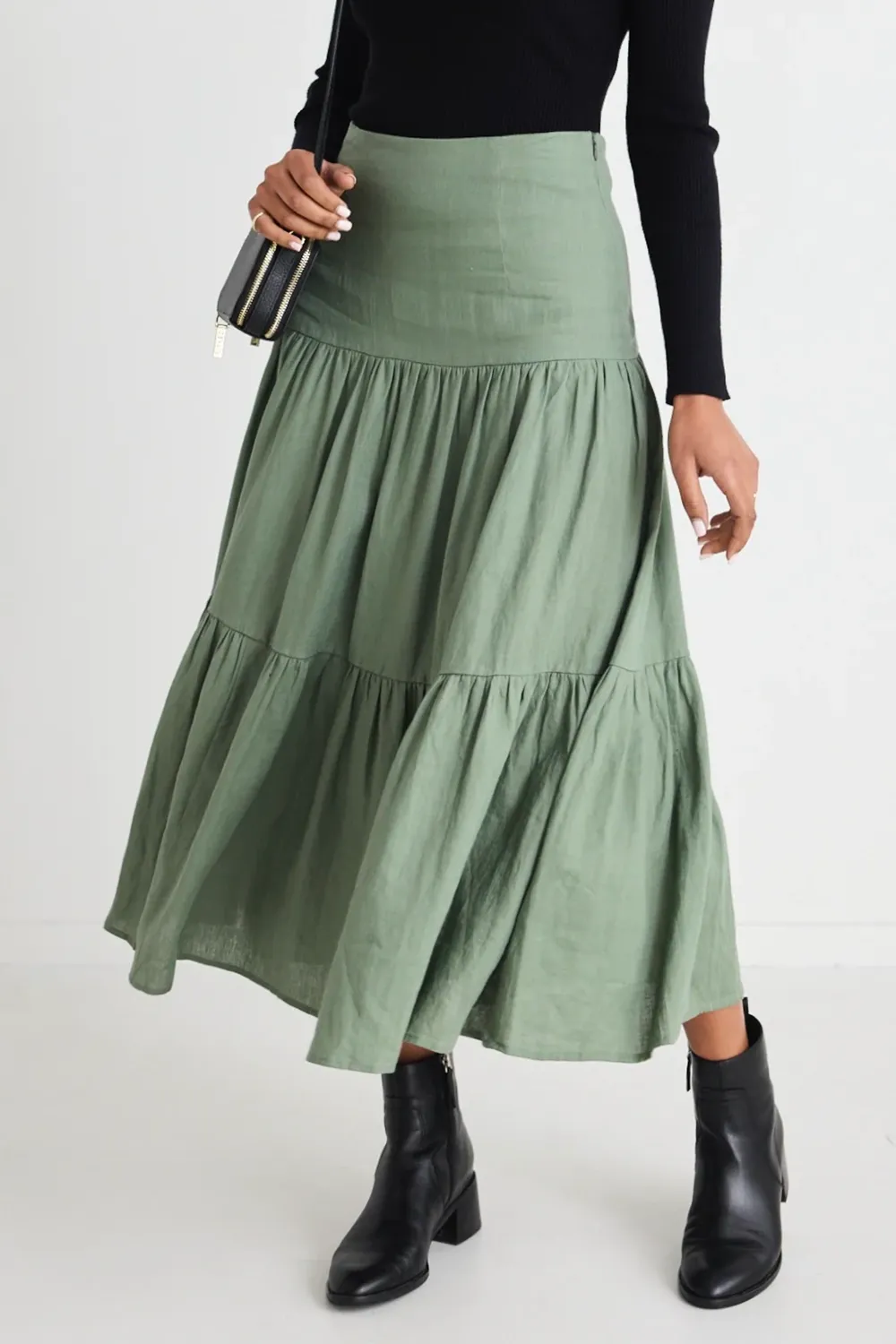 Blazing Moss Tiered Linen Midi Skirt