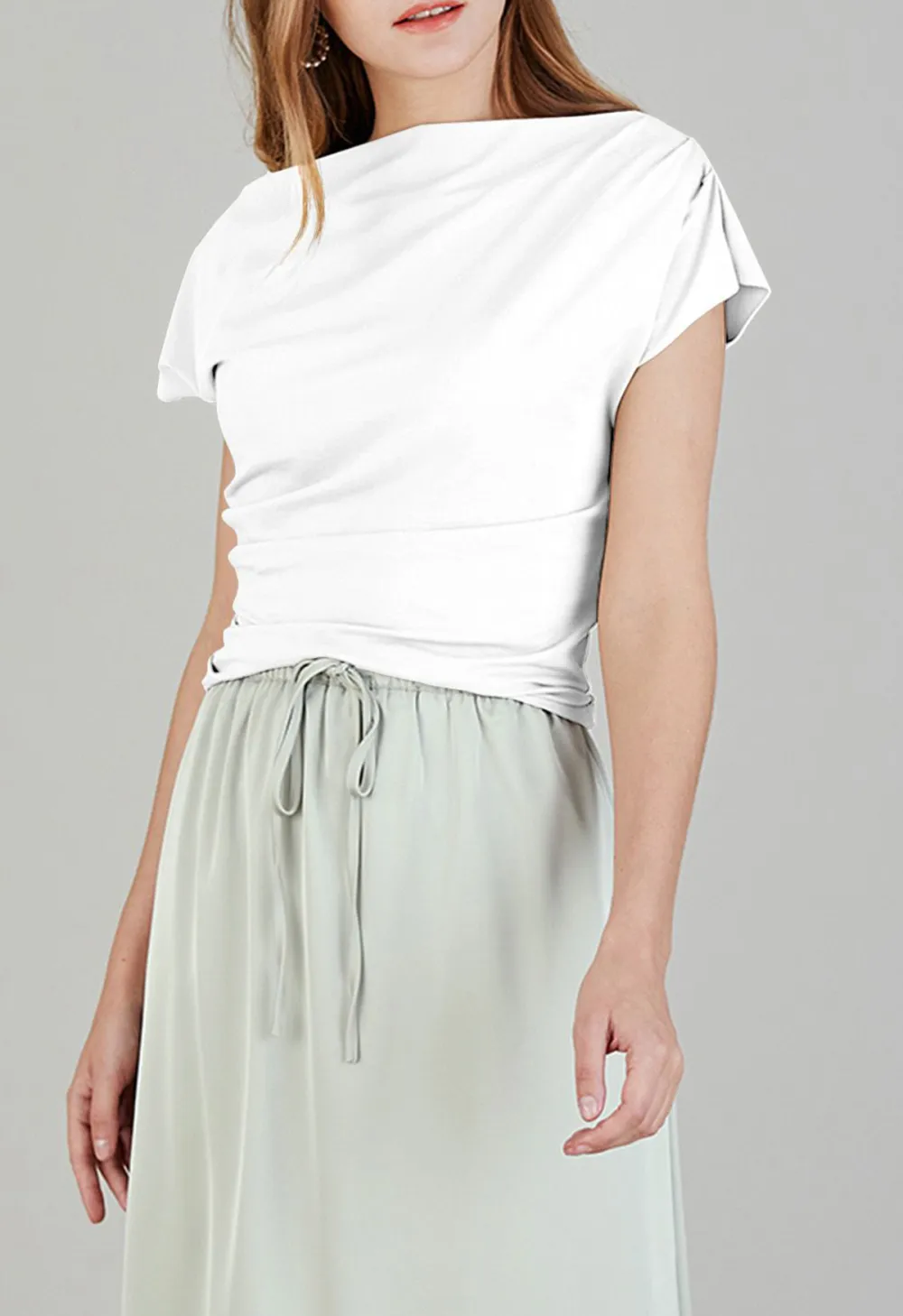 ASYMMETRIC BOAT NECK RUCHED TOP IN WHITE