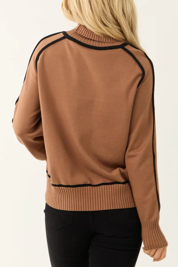 Cognac Contrast Trim Turtleneck Sweater