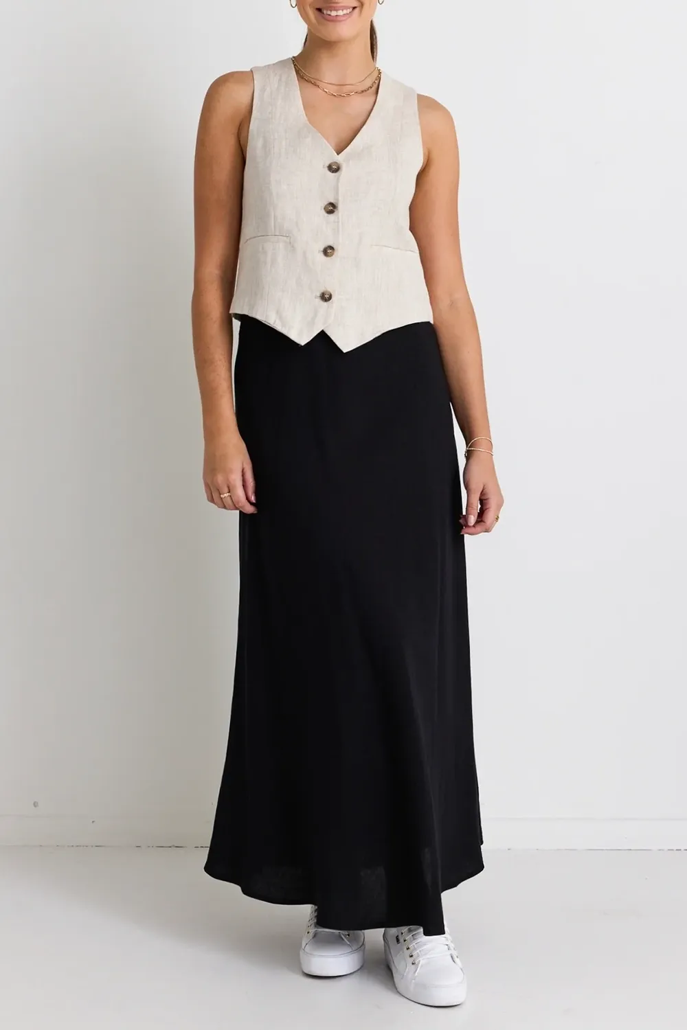 Lagos Black Linen Floaty Bias Cut Maxi Skirt