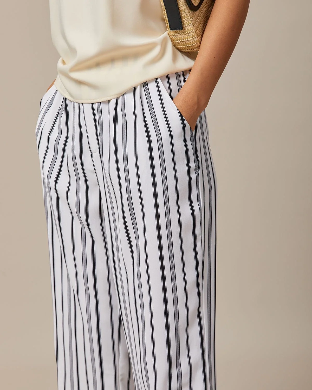 The Black Elastic Waist Striped Button Pants