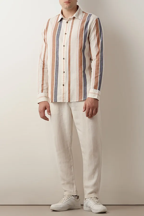 Beige Striped Linen Full Sleeves Shirt