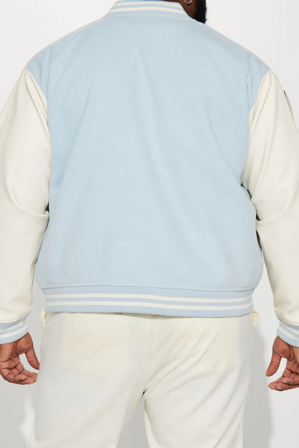 Bone Applique Varsity Bomber Jacket - Light Blue