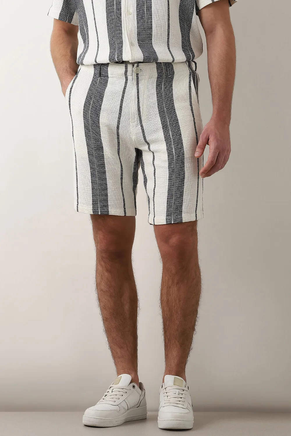 Beige Striped Co-ord Set Shorts