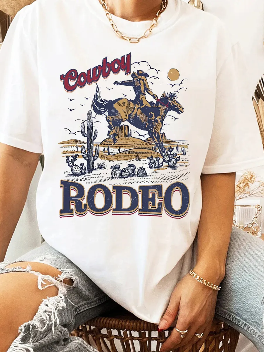 Retro Cowboy Knight Print Round Neck Athletic Tee