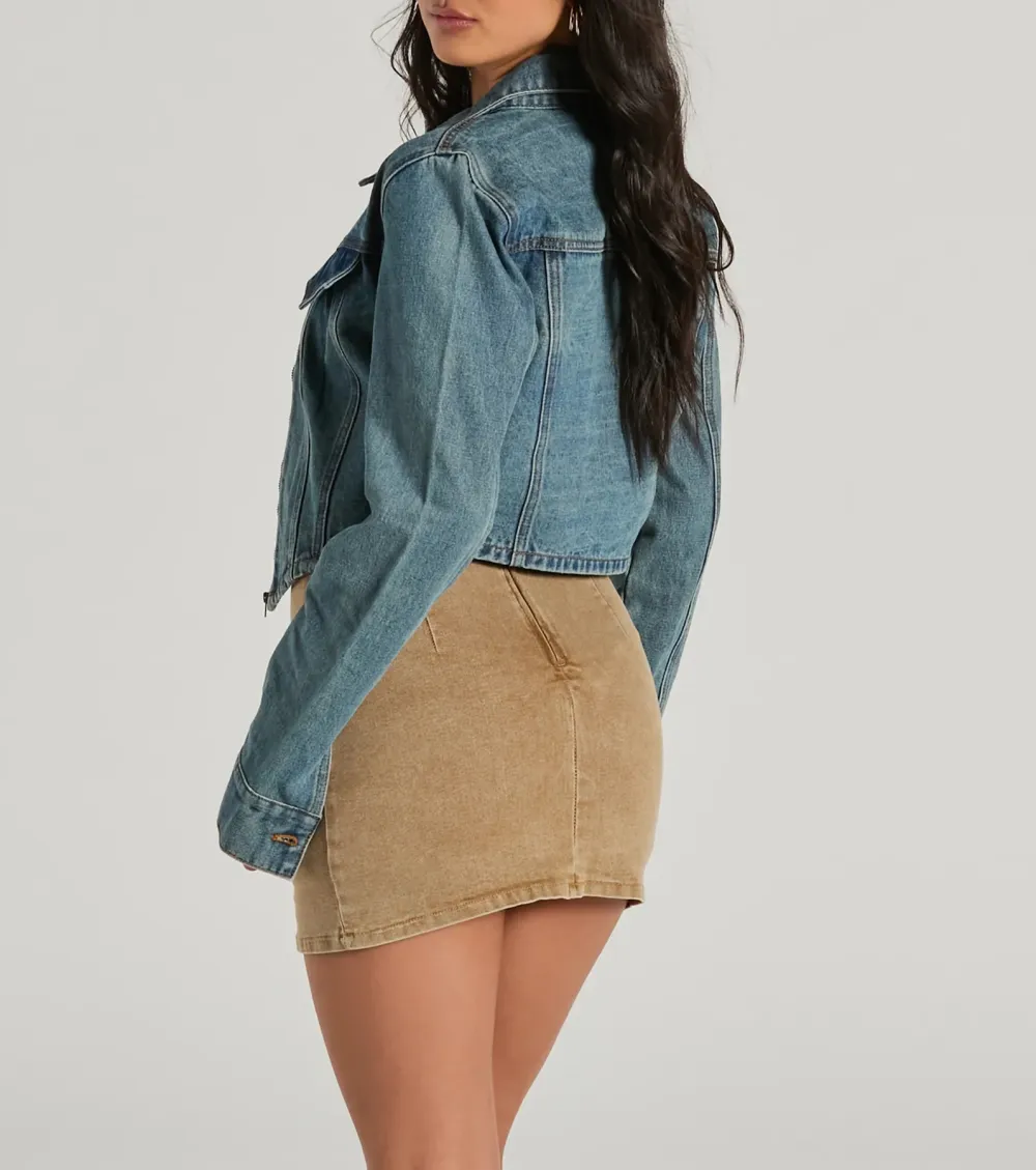 Cool Trendsetter Zip Up Collared Crop Denim Jacket