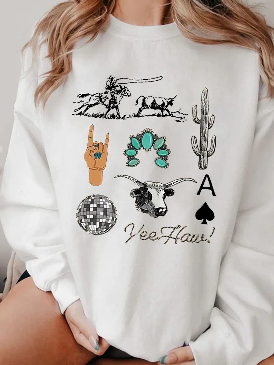 Fashionable Wild West Denim Pattern Printed Sweatshirt