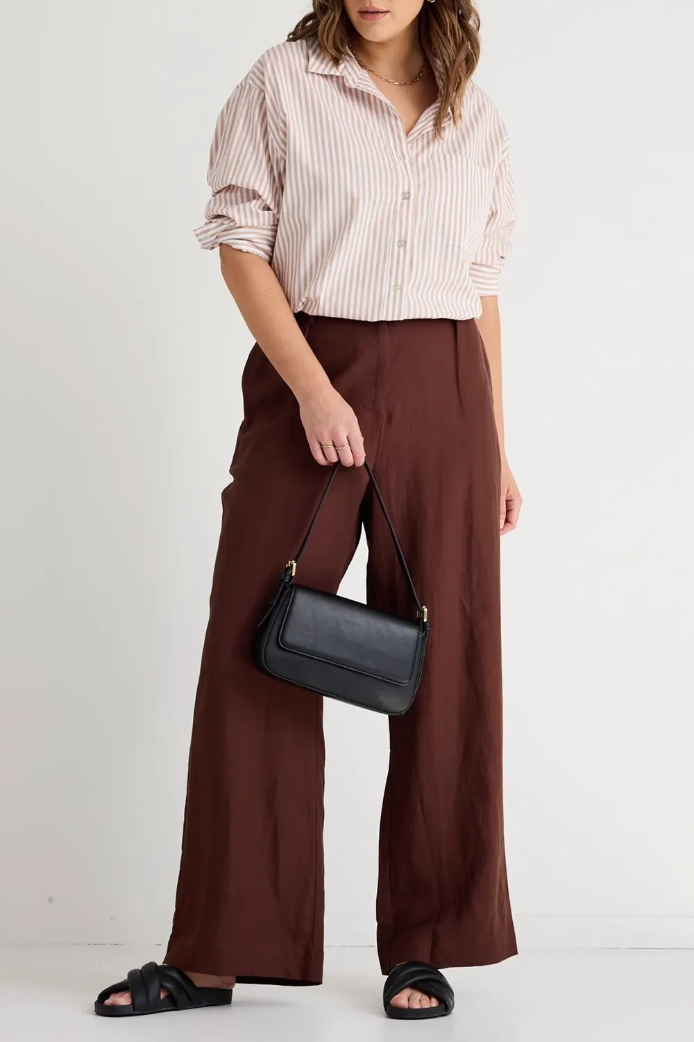 Island Chocolate Linen Pleat Front Wide Leg Pant