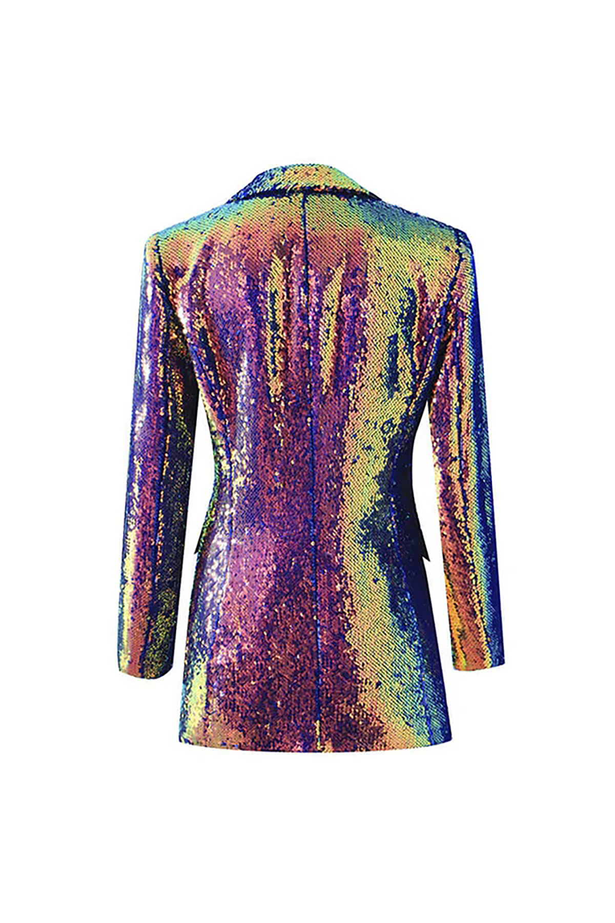 Iridescent Sequin Lapel Collar Long Sleeve Cinch Waist Metallic Party Blazer